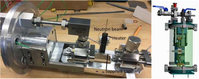 Figure 2 Left: Photo of the cell with some parts removed for better clarity. Right: Setup of the cell together with the aluminium protection tube and the corresponding connections.