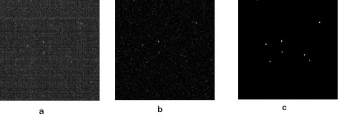 Figure 2: Image of supposed neutron events in 40 ms exposure image taken with a 250 µm NDg-type scintillator: raw (left panel), FTT filtered (middle panel) and mask of identified events of detections (right panel).